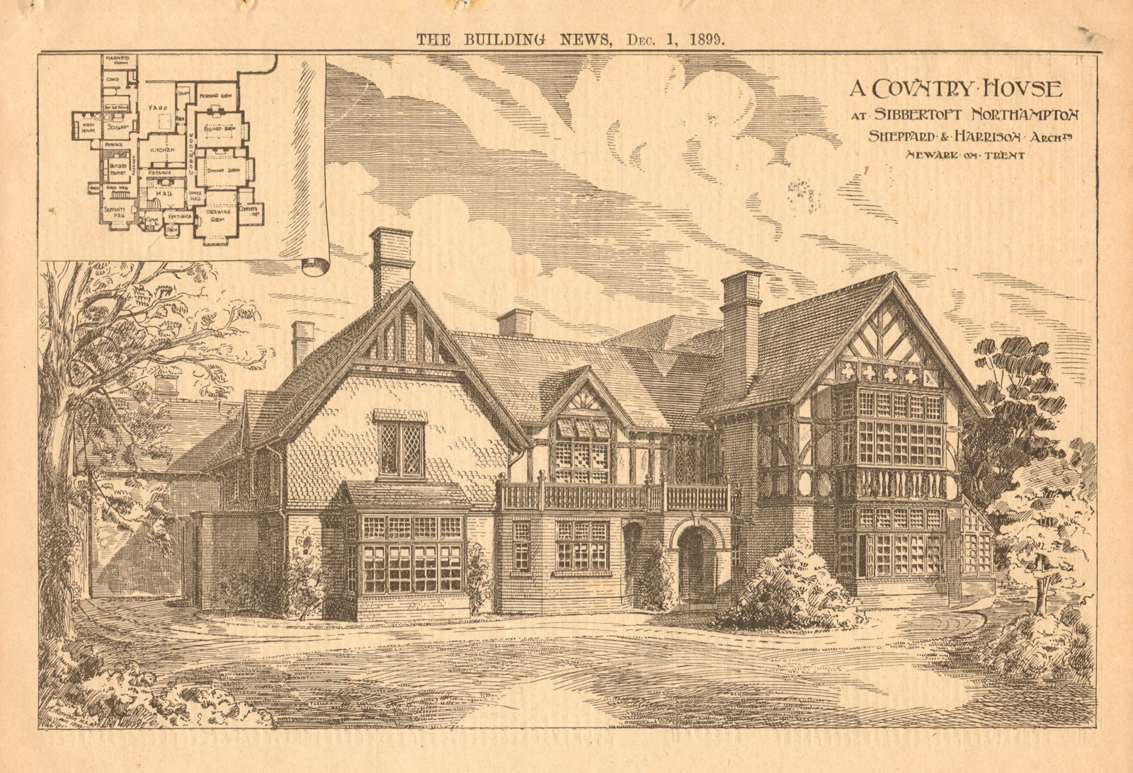 Sibbertoft Manor, Northamptonshire. Sheppard & Harrison, Architects 1899 print